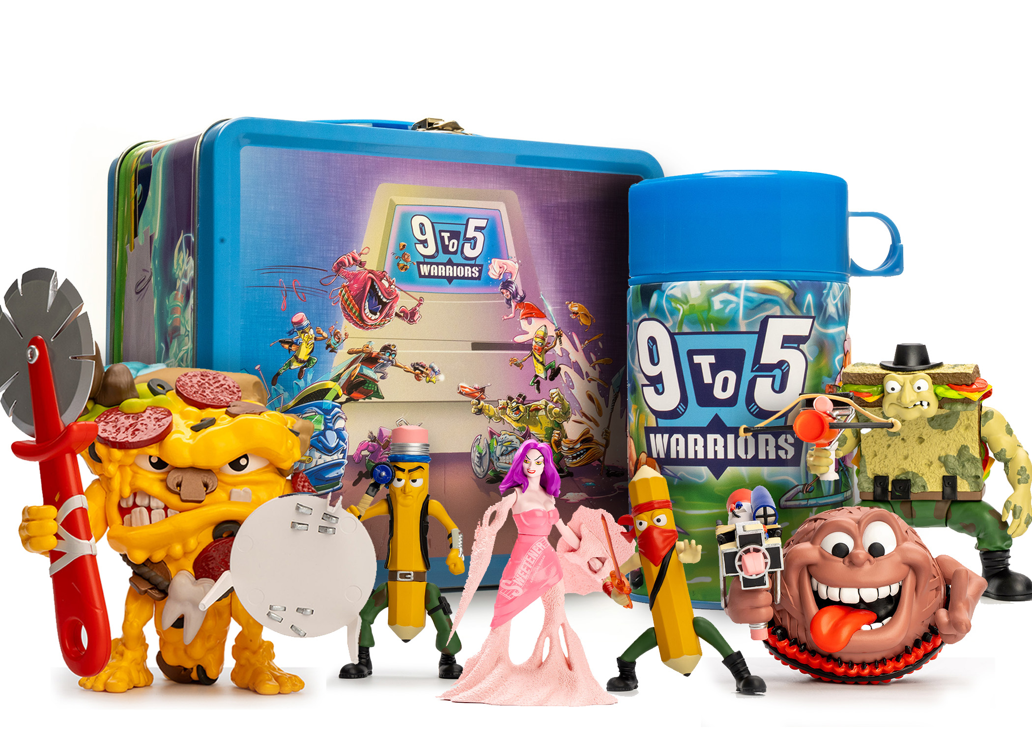 9 to 5 Warriors action figures, lunchbox and thermos